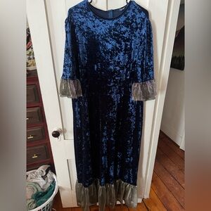 Velvet Blue Dress with Sheer Cuffs